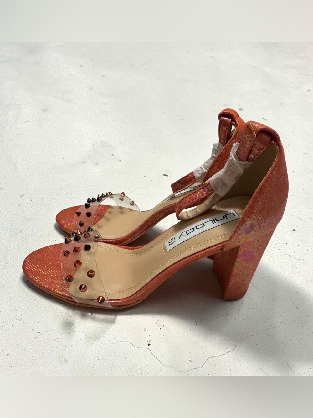 Studded Clear Strap Coral Block Heel Sandals